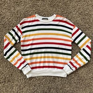 Brandy Melville Sweater Womens Medium White Rainbow Stripe Crewneck Soft
